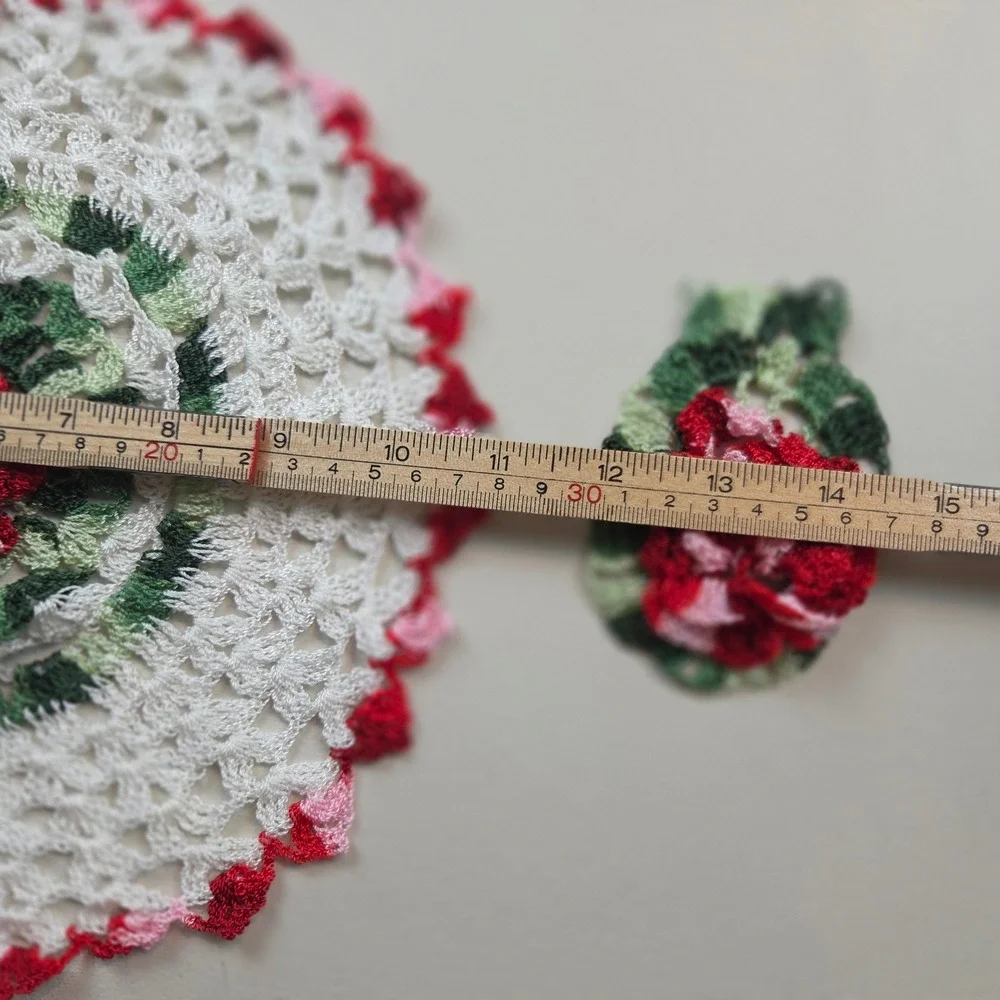 Vintage Handmade Crochet Doily Set 3D Rose Flower Lace White Red Pink 2pc